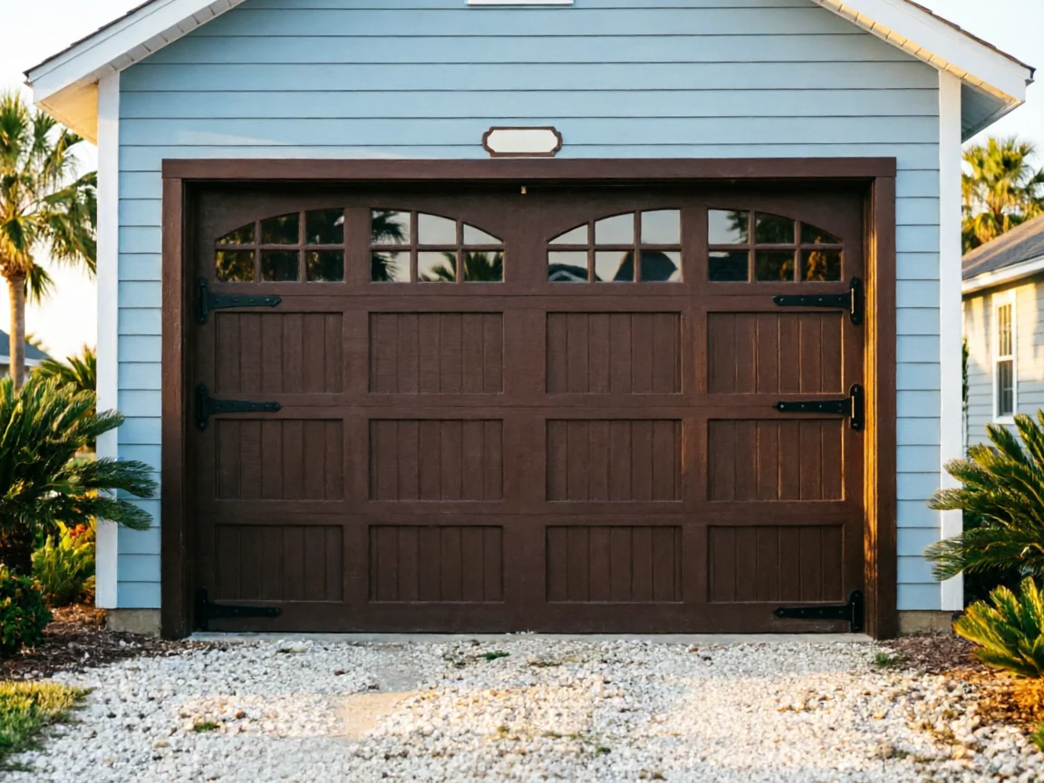 A brown garage door with windows and decorative hardware on a light blue house.