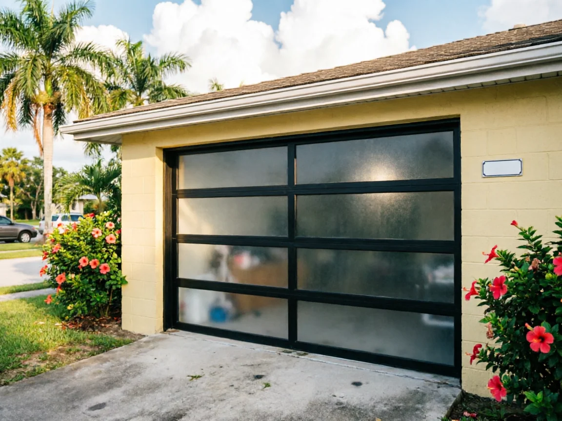 The garage door is modern with frosted glass panels and a black frame.