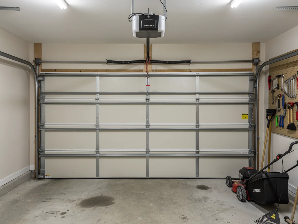 A closed white garage door with an opener and torsion spring is in a garage.